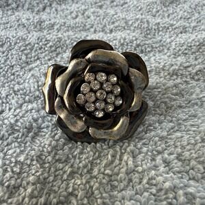 Gunmetal Rose Flower Stretch Ring Clear Rhinestone Statement Cocktail Ring